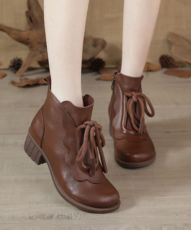 Brown Boots Chunky Cowhide Leather Fashion Lace Up Boots - SooLinen