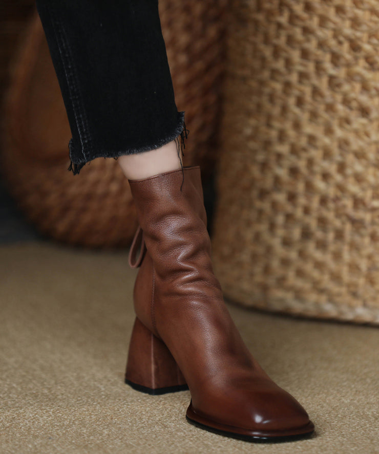 Brown Boots Chunky Cowhide Leather Women Splicing Zippered