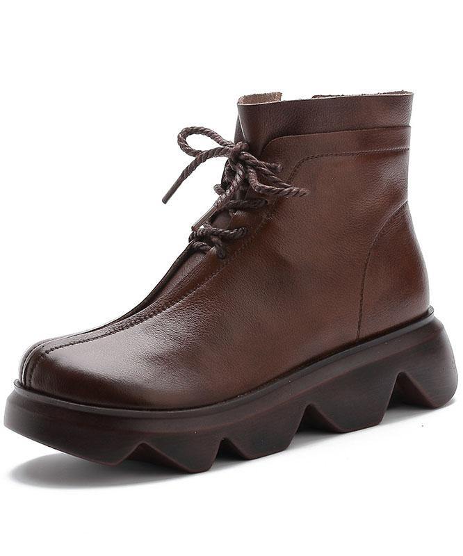 Brown Boots Platform Cowhide Leather Unique Platform Boots - SooLinen