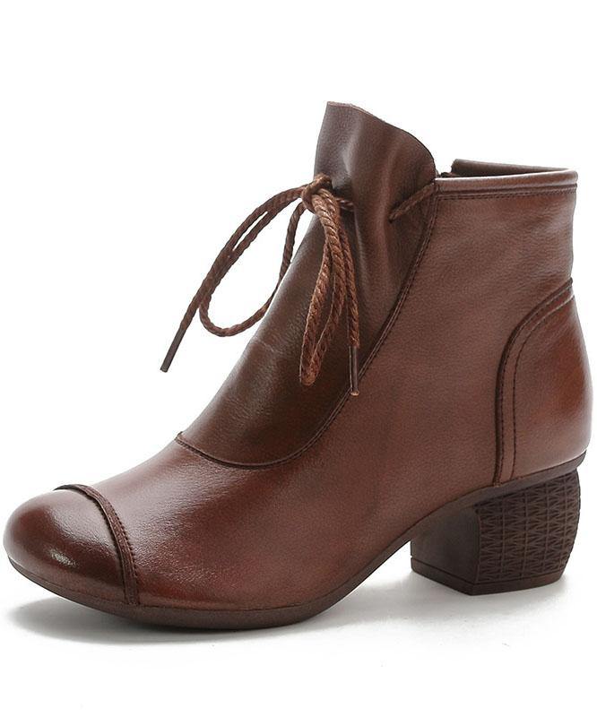 Brown Chunky Cowhide Leather Simple Splicing Ankle boots - SooLinen
