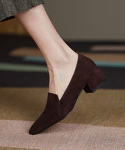 Brown Chunky Loafer Shoes Suede Comfy Splicing Pointed Toe