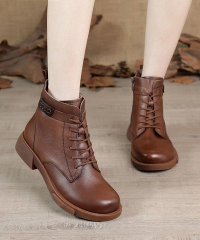 Brown Cowhide Leather Boots Cross Strap Ankle boots - SooLinen
