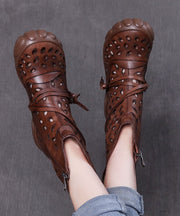 Brown Cowhide Leather Boots Hollow Out Lace Up Splicing