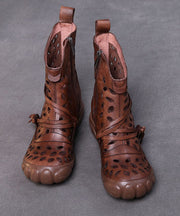 Brown Cowhide Leather Boots Hollow Out Lace Up Splicing