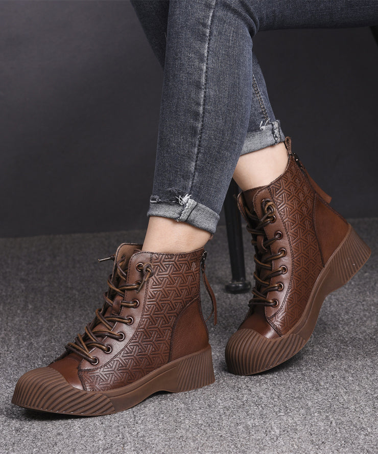 Brown Cowhide Leather Embossed Women Splicing Lace Up Boots