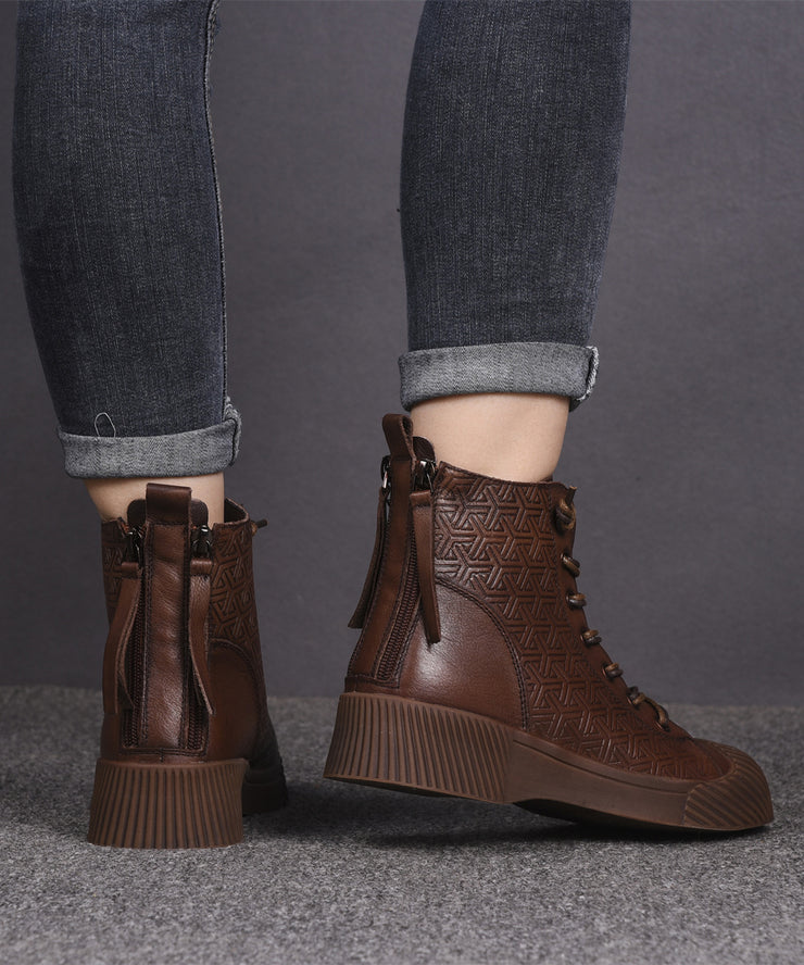Brown Cowhide Leather Embossed Women Splicing Lace Up Boots