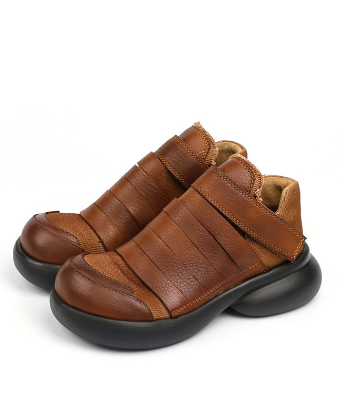 Brown Cowhide Leather Platform Shoes Handmade Retro Splicing