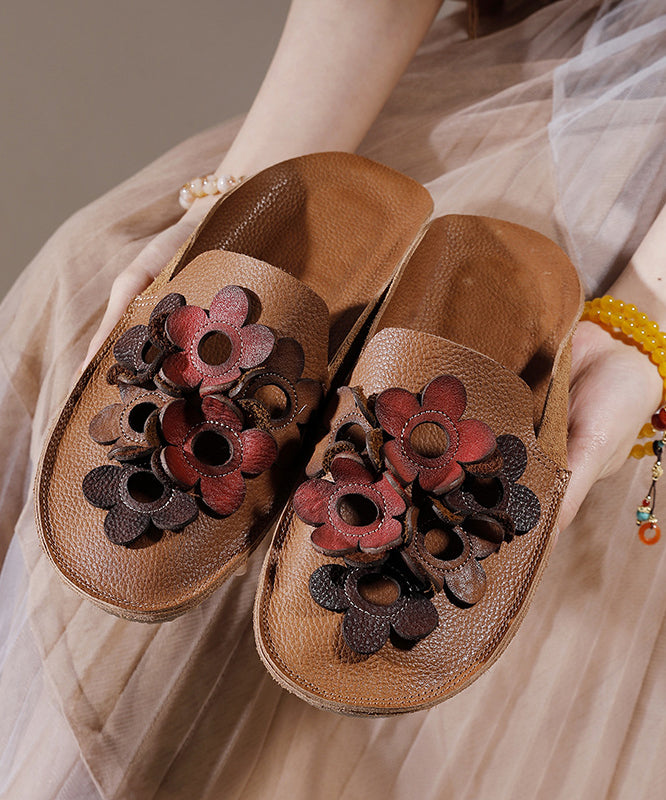 Brown Cowhide Leather Soft Splicing Hollow Out Floral Slide Sandals