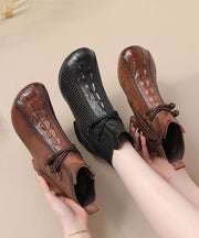 Brown Crocodile Pattern Boots Chunky Cowhide Leather Elegant Boots