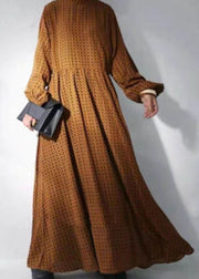 Brown Dot Print Chiffon Maxi Dresses Stand Collar Wrinkled Long Sleeve
