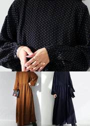 Brown Dot Print Chiffon Maxi Dresses Stand Collar Wrinkled Long Sleeve