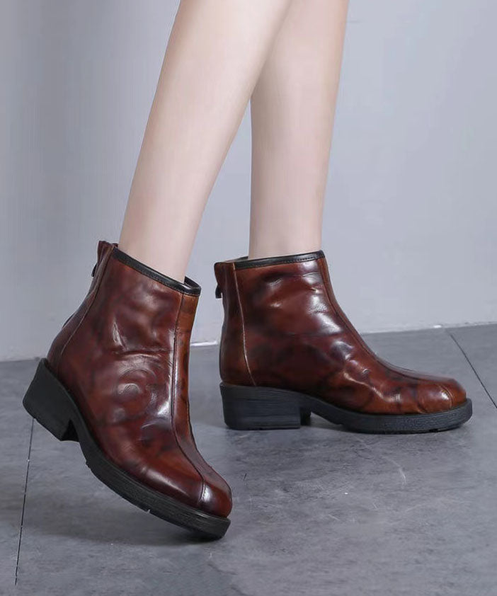 Brown Embossed Boots Zippered Splicing Chunky Cowhide Leather
