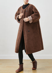 Brown Faux Fur Teddy Trench Coat Oversized Double Breast Spring