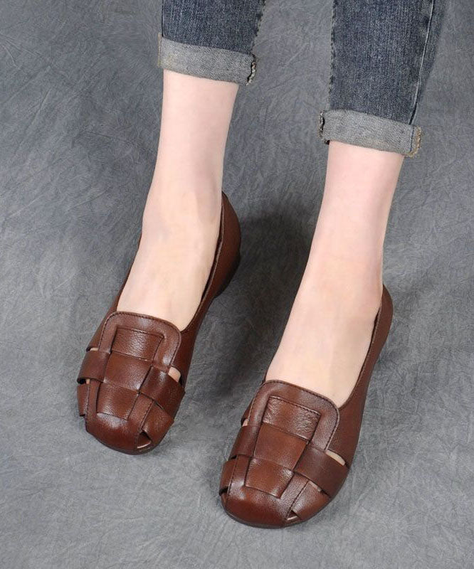 Brown Flat Feet Shoes Cowhide Leather Stylish Splicing Flat Shoes For Women