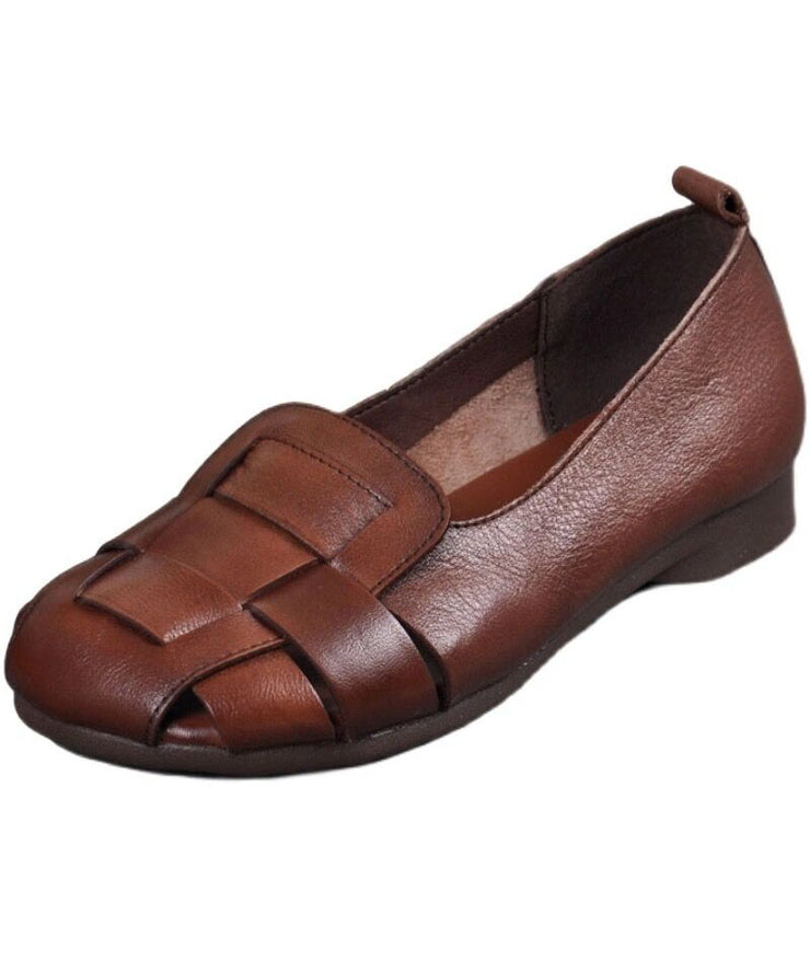 Brown Flat Feet Shoes Cowhide Leather Stylish Splicing Flat Shoes For Women