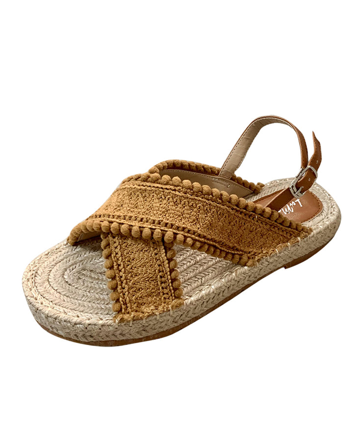 Brown Flat Sandals Knit Fabric Comfy Splicing Peep Toe Buckle Strap