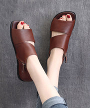 Brown Flat Sandals Peep Toe Zippered Splicing Cowhide Leather