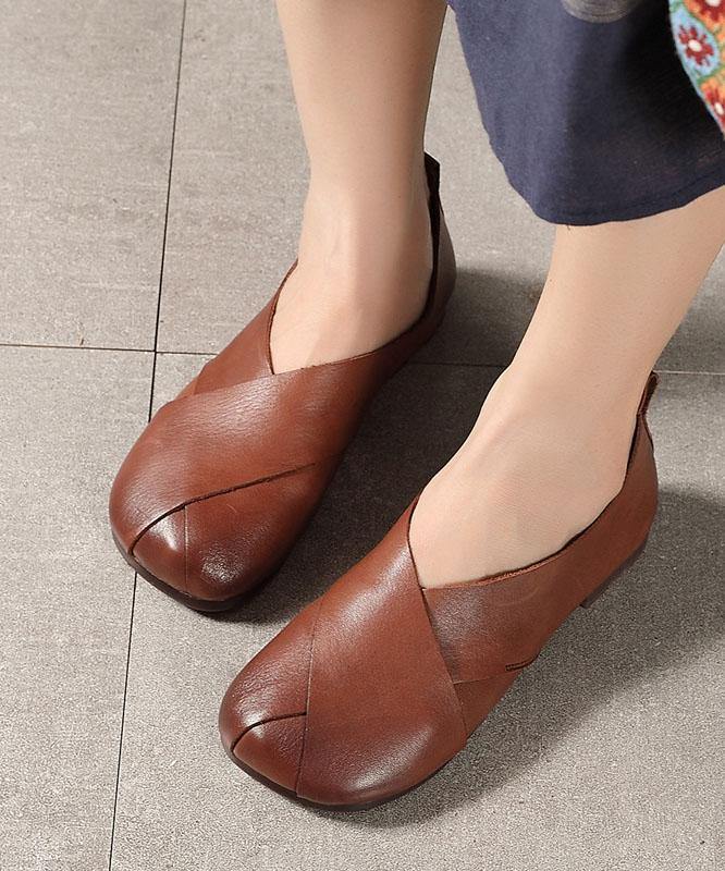 Brown Flat Shoes Cowhide Leather Chic Flats - SooLinen