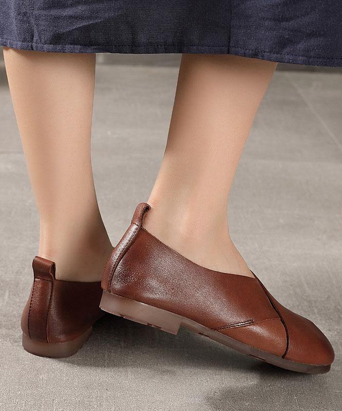 Brown Flat Shoes Cowhide Leather Chic Flats - SooLinen