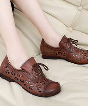 Brown Flat Shoes Cowhide Leather Fashion Hollow Out Lace Up Flat Shoes
