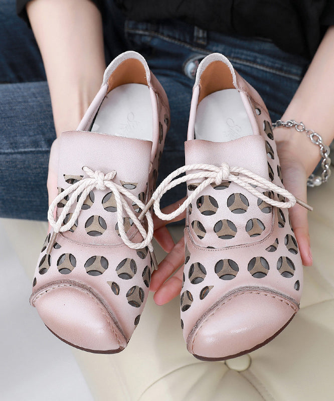 Brown Flat Shoes Cowhide Leather Fashion Hollow Out Lace Up Flat Shoes