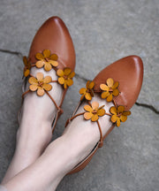 Brown Flat Shoes For Women Cowhide Leather Splicing Floral Pointed Toe