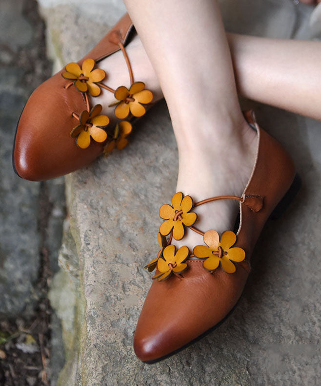 Brown Flat Shoes For Women Cowhide Leather Splicing Floral Pointed Toe
