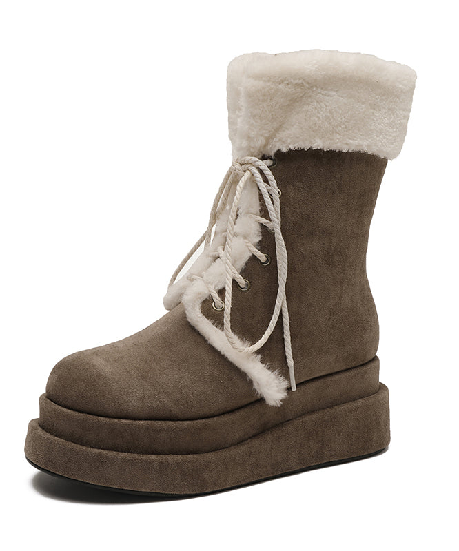 Brown Fuzzy Wool Lined Cross Strap Splicing Platform Boots