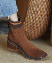 Brown Fuzzy Wool Lined Splicing Zippered Chunky Boots