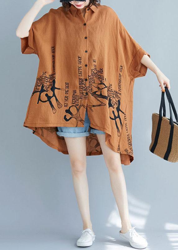 Brown Graphic low high design Cotton Summer Shirt Tops - SooLinen