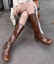 Brown High Boots Chunky Heel Faux Leather Chic Splicing