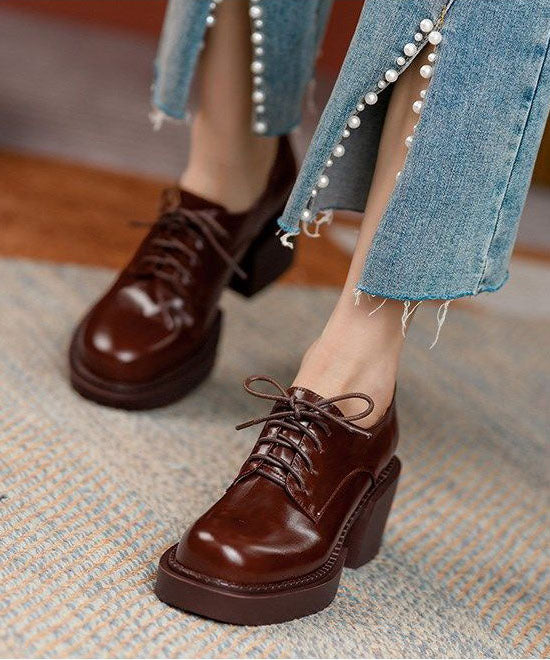 Brown High Heels Chunky Cowhide Leather Boutique Lace Up High Heels