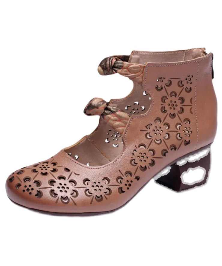 Brown High Heels Chunky Cowhide Leather Vintage Hollow Out High Heels