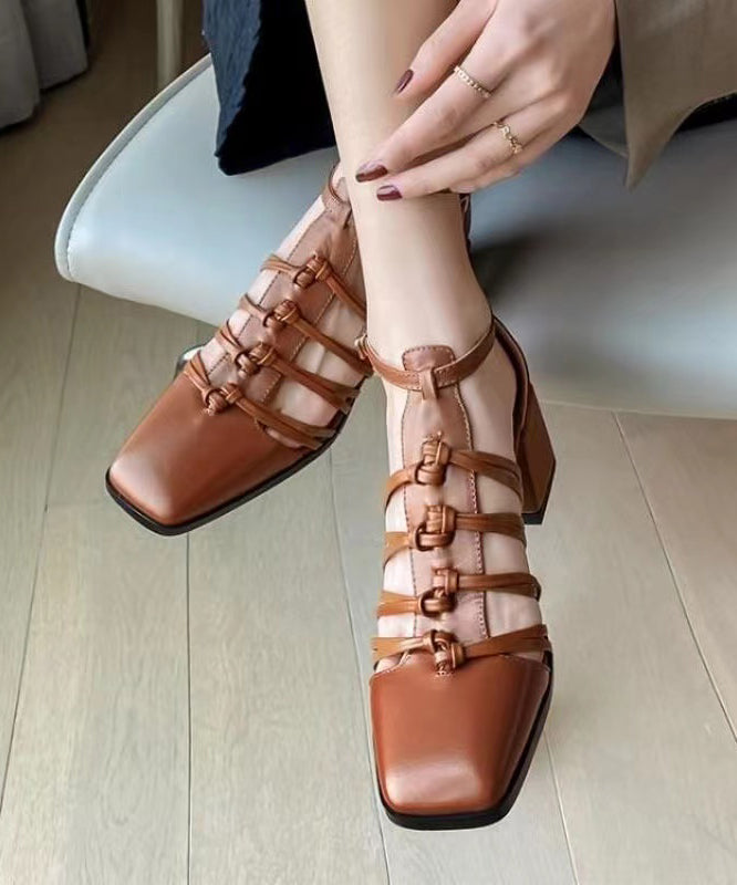 Brown Hollow Out Buckle Strap Splicing Boho Chunky Sandals