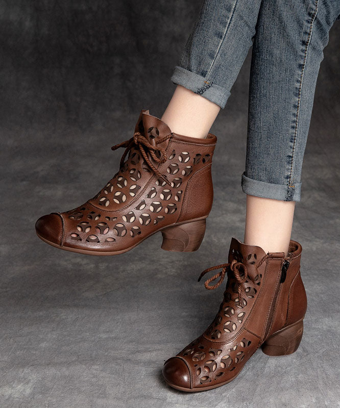 Brown Hollow Out High Heels Chunky Cowhide Leather Fine Lace Up Boots