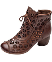 Brown Hollow Out High Heels Chunky Cowhide Leather Fine Lace Up Boots