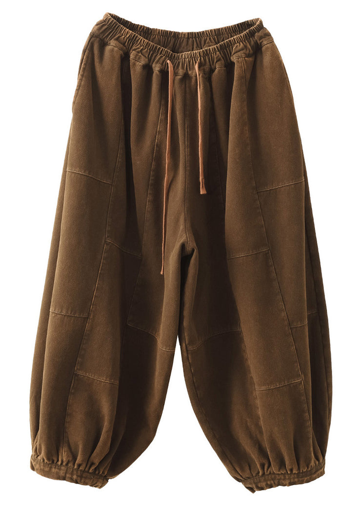 Brown Lace Up Patchwork Fleece Lantern Pants Elastic Waist