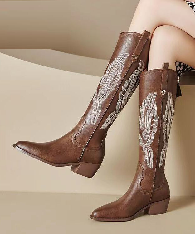 Brown Long Boots Handmade Splicing Embroidery Pointed Toe