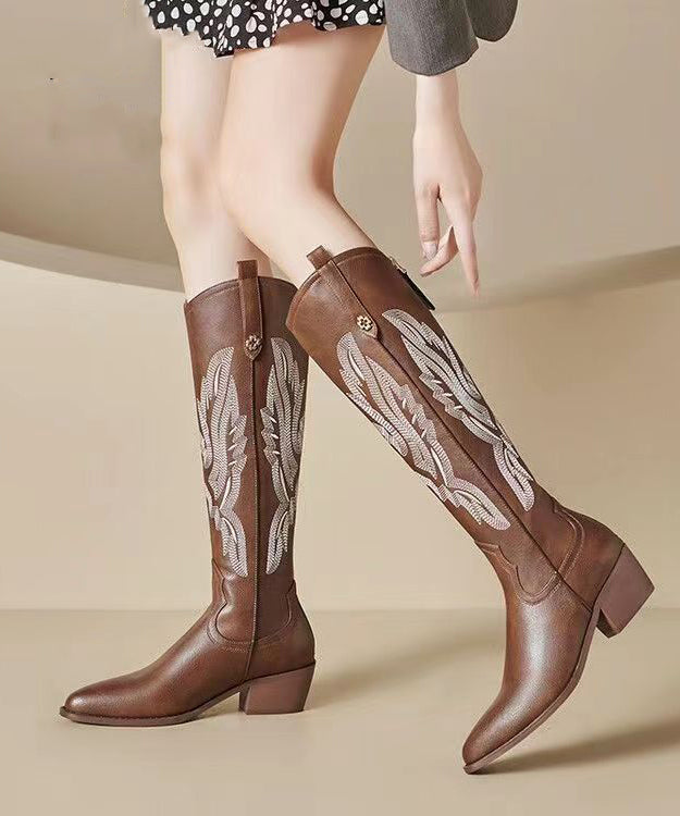Brown Long Boots Handmade Splicing Embroidery Pointed Toe