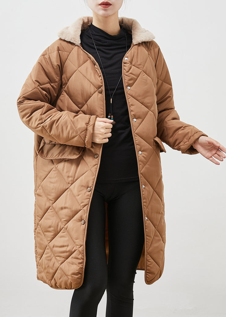 Brown Loose Duck Down Puffer Coat Fur Collar Pockets Winter