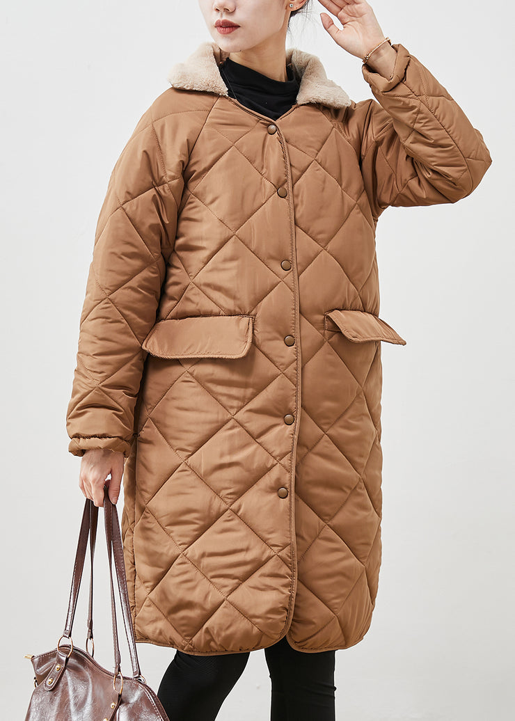 Brown Loose Duck Down Puffer Coat Fur Collar Pockets Winter