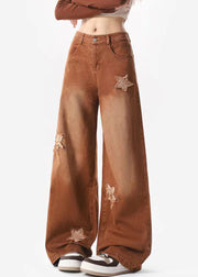 Brown Maillard Wearing Autumn American Retro Star High Waisted Denim Wide Leg Pants
