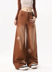 Brown Maillard Wearing Autumn American Retro Star High Waisted Denim Wide Leg Pants