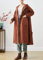 Brown Oversized Spandex Trench Hooded Zippered Fall