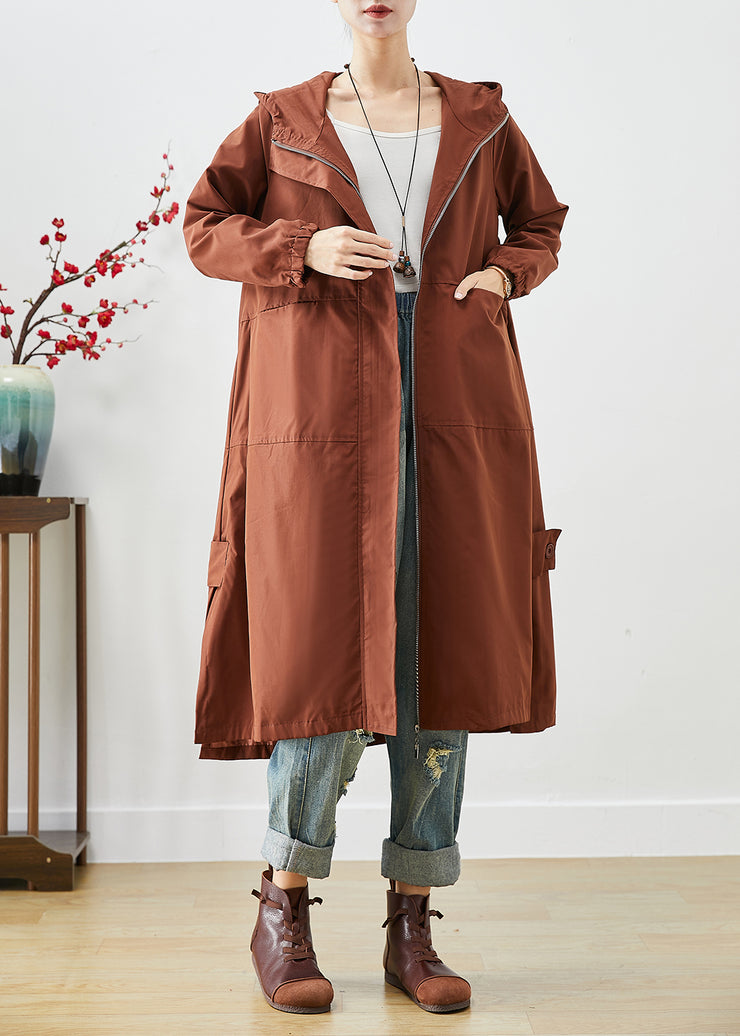 Brown Oversized Spandex Trench Hooded Zippered Fall
