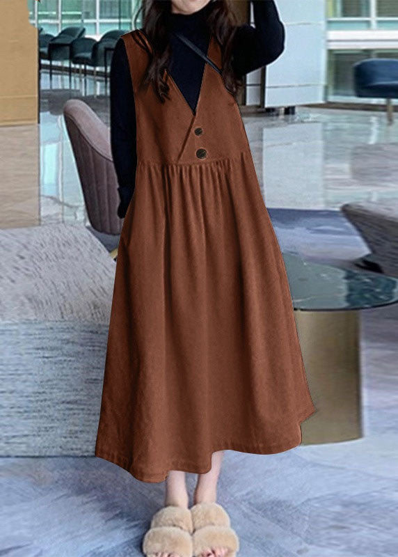 Brown Patchwork Corduroy Dresses V Neck Pockets Sleeveless