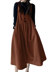 Brown Patchwork Corduroy Dresses V Neck Pockets Sleeveless