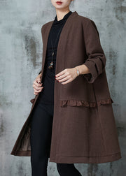 Brown Patchwork Cotton Cardigans Oversized Ruffled Spring