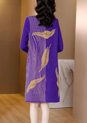 Brown Patchwork Cotton Knit Mid Dress Turtleneck Long Sleeve