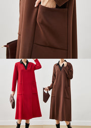 Brown Patchwork Cotton Long Dress V Neck Pockets Spring